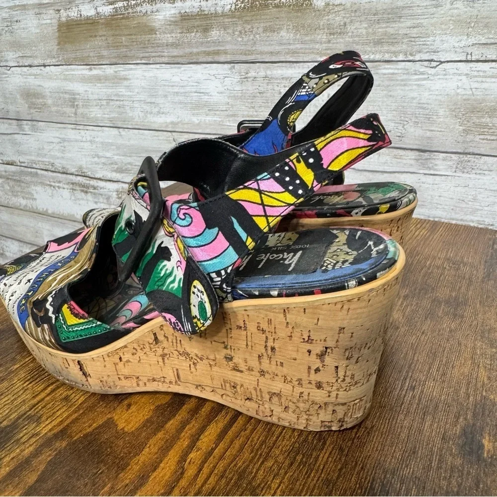 Nicole Miller Silk Platform Wedge Sandals 1960's Jazz Soul Music Pattern Size 7